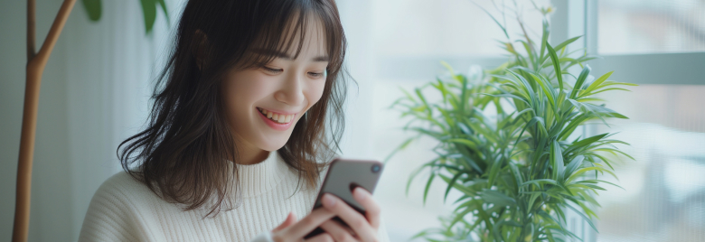スマートフォンを持ちながら微笑む女性の画像