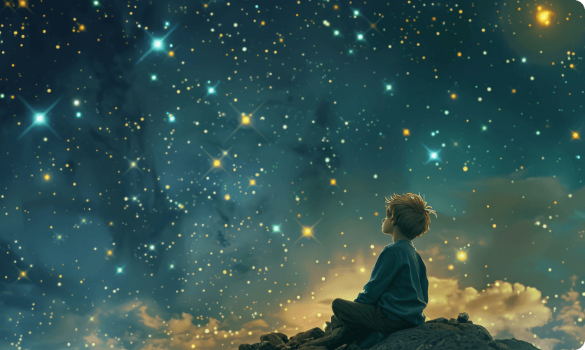 星空の下で座っている子供のイラスト