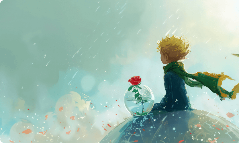 一輪挿しの赤いバラの花の脇に座っている子どものイラスト