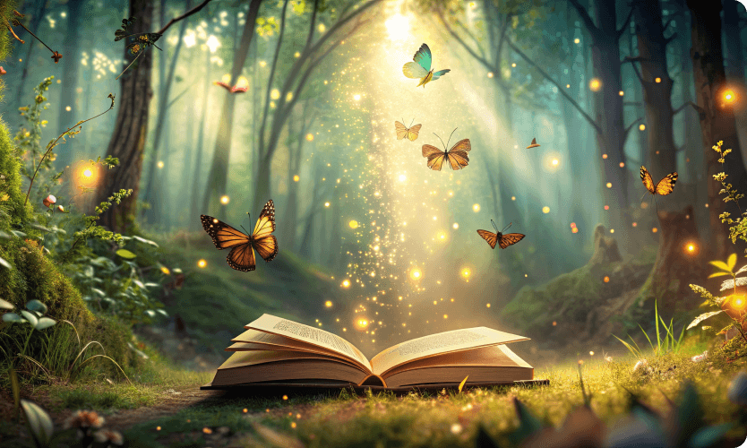 森の中の地面の上に開いた本から、光の玉と蝶々が飛んでいるイラスト