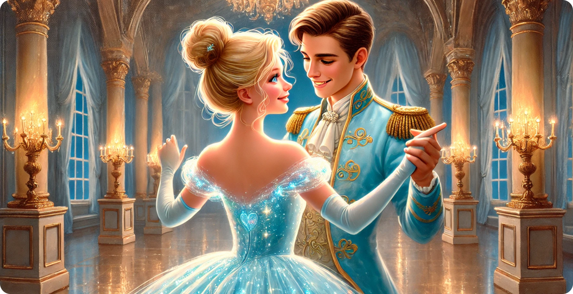 シンデレラと王子様がお城の豪華な部屋で手を取り合ってダンスをしている様子