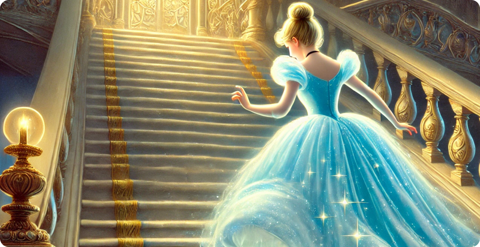 青く光るドレスを着た女性が、階段を急いで駆け上がる場面。