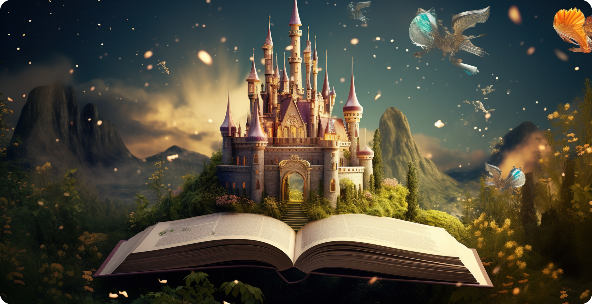 開いた本の背後に緑豊かなお城がそびえ立ち、周りに羽の生えた架空の動物が飛び回っている様子。