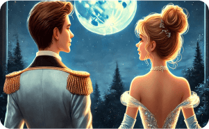 青い月夜の下、王子とシンデレラが見つめ合うロマンチックな場面。背景には森が広がっている。