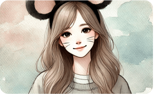 ネズミの耳を付けて、頬にひげを描いた女性が微笑んでいるイラスト。