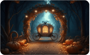 かぼちゃの馬車が暗い森の中の、光のアーチの下に止まっている様子。