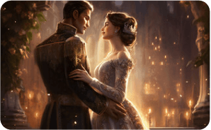 きらびやかな衣装を着た男女が見つめあっている様子。